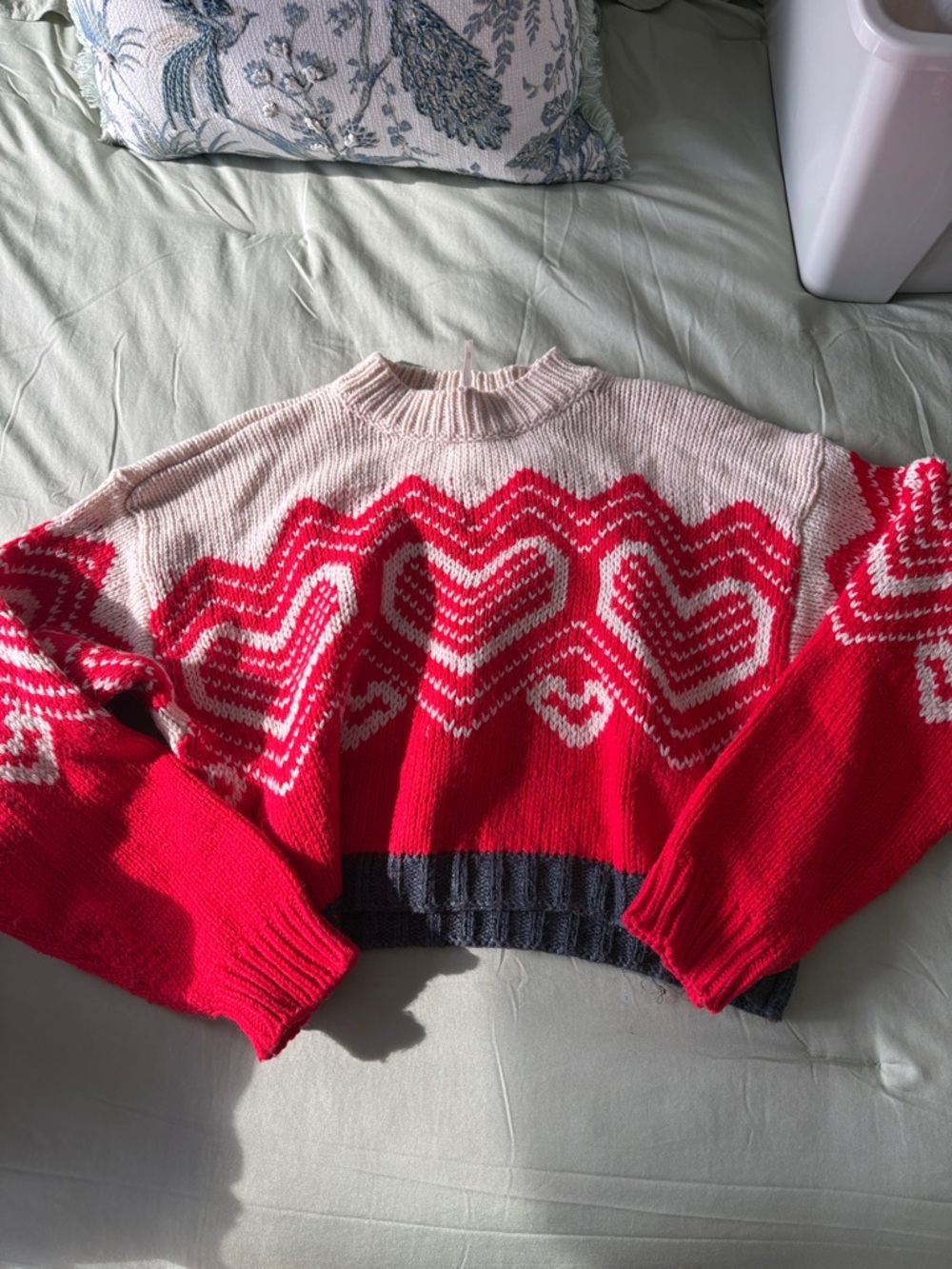 Free People Red and Cream Heart-Pattern Crewneck Sweater